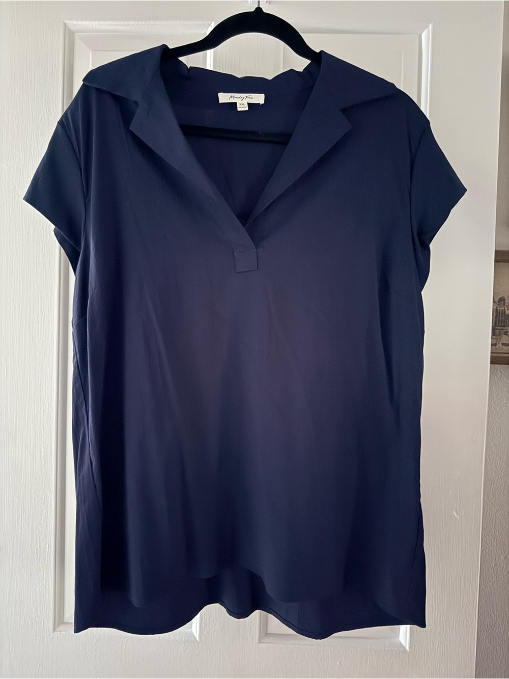 Monday Fun Navy Short-Sleeve Notch V Blouse by Sanctuary